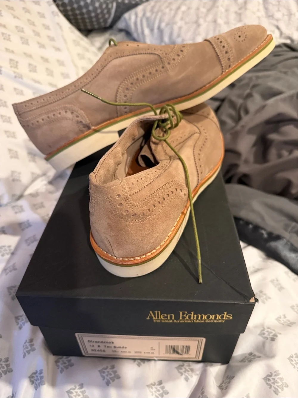 Allen Edmonds Suede Wingtip Oxfords in Tan with Green Laces
